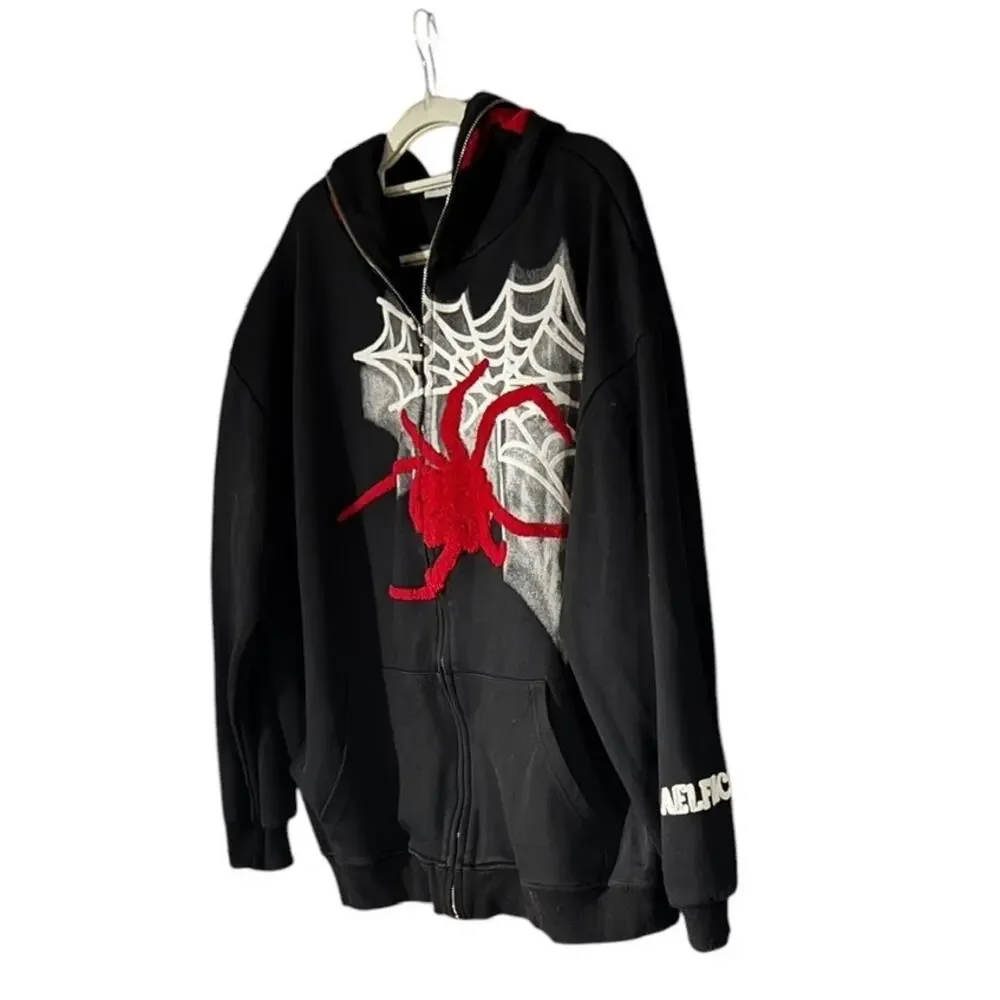 ELFRIC EDEN Spider Web Full Zip Graphic Gothic Hoodie Black Red White Size Large